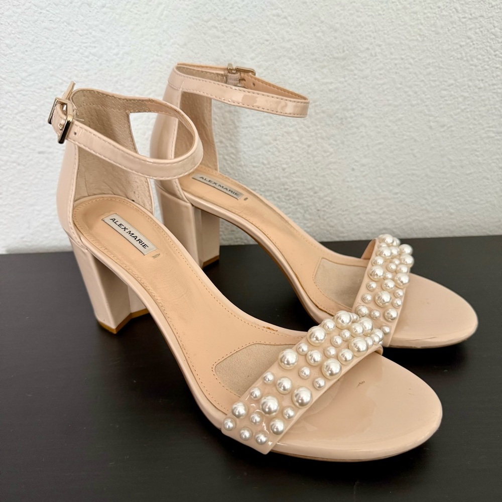 Alex Marie Ankle Strap Patent Pearl Strap Block Heel Sandals